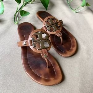 Tory Burch Leather Miller Sandals w/ Metal logo